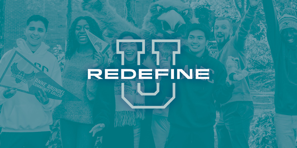Redefine U logo with students in the background.