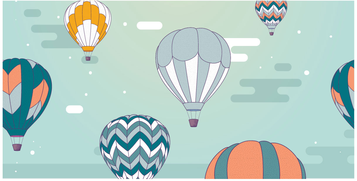 Hot air balloons float across teal background.