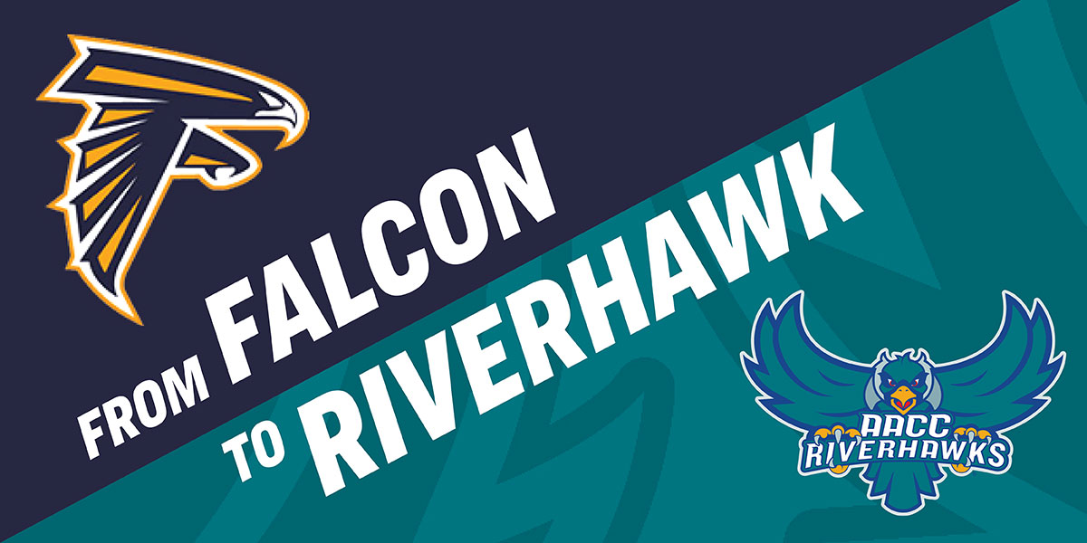 Graphic that says From Falcon to Riverhawk with images of falcon and riverhawk mascots