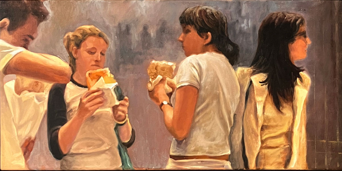 Artwork depicting young people standing together eating food