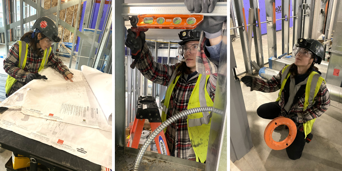 Three photos of Mary doing different electrical tasks.