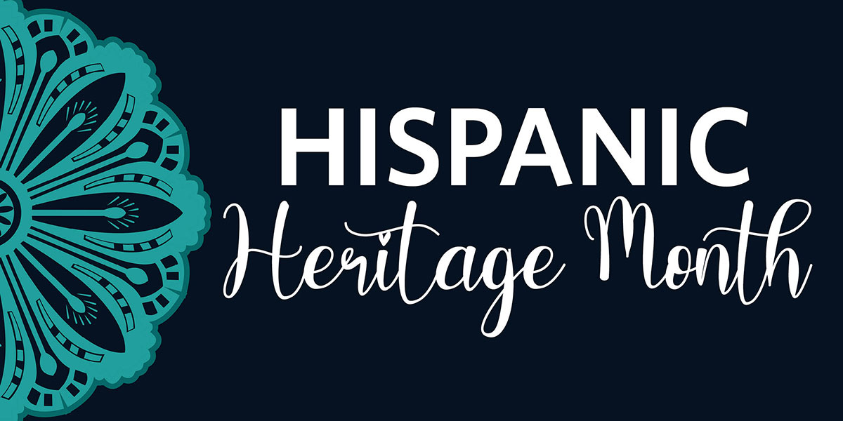 Teal flower decoration on navy background with the words Hispanic Heritage Month